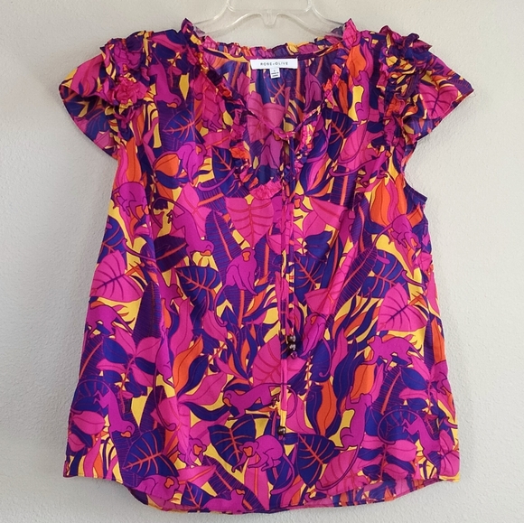 Rose & Olive Tops - Rose + Olive Pink & Purple Blouse Top W/ Moneys And Leaf Pattern Ruffle - Large